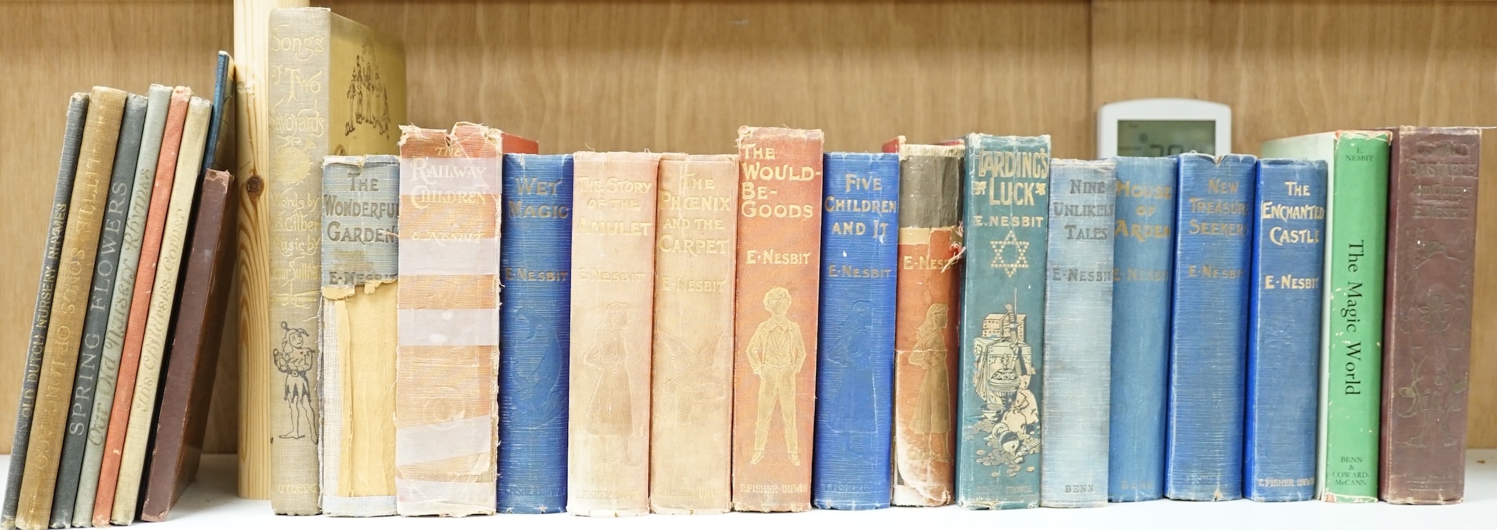 Sixteen novels by E. Nesbit, including The Railway Children, some first editions, and nine other books. Condition - poor